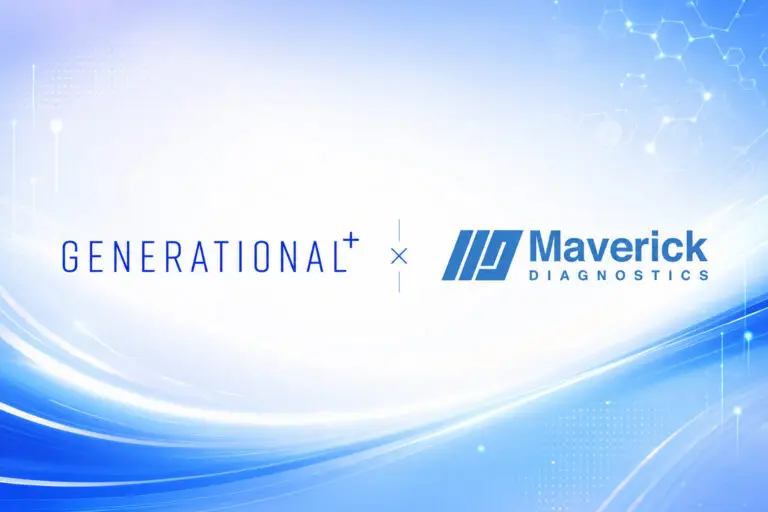 Generational and Maverick Diagnostics logos displayed side by side on a blue technology-inspired background.