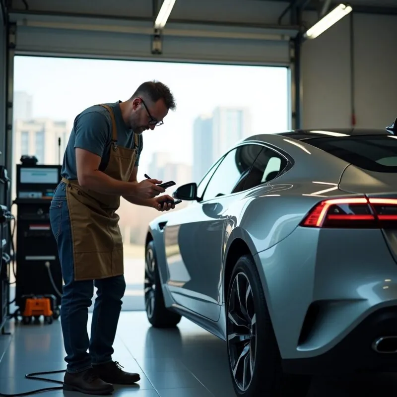Technician using the mobile app next to a car