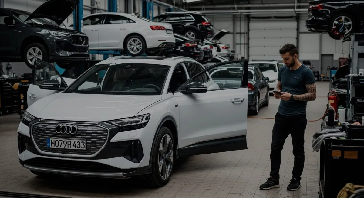 Audi vehicle in a workshop with an engineer running a battery test