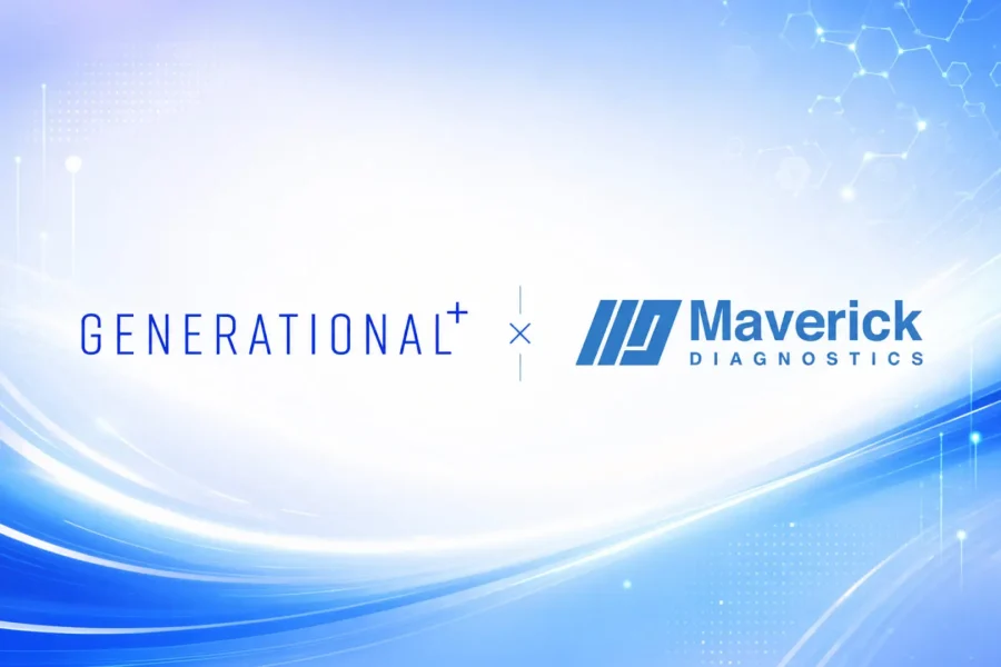 Generational and Maverick Diagnostics logos displayed side by side on a blue technology-inspired background.